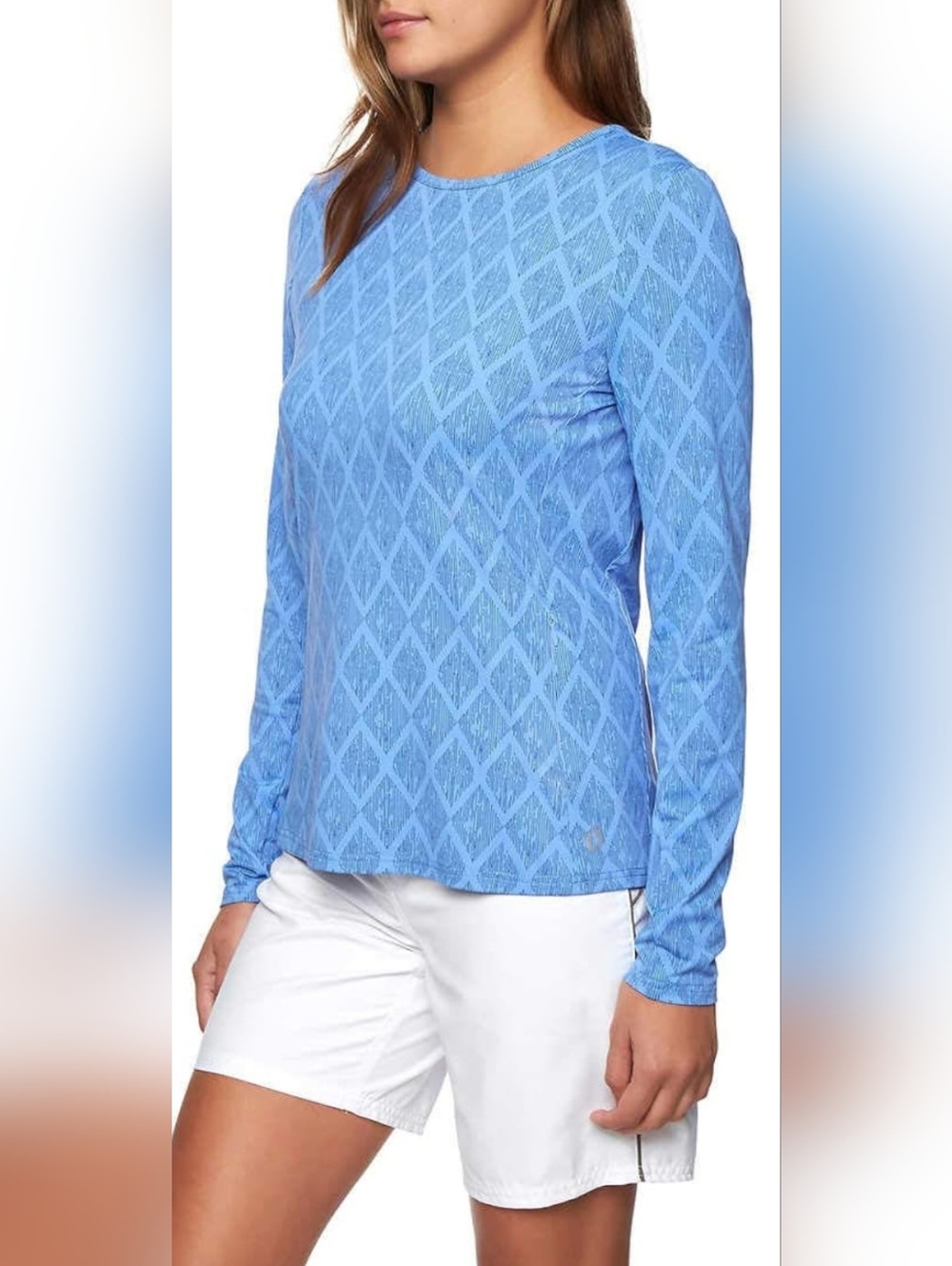 Hang Ten Women's Blue Diamond-Print Long Sleeve Tee